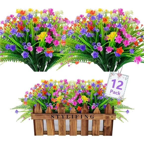 12 Bundles Artificial Flowers for Outdoor Decoration, UV Resistant Shrubs Plants - Picture 1 of 6